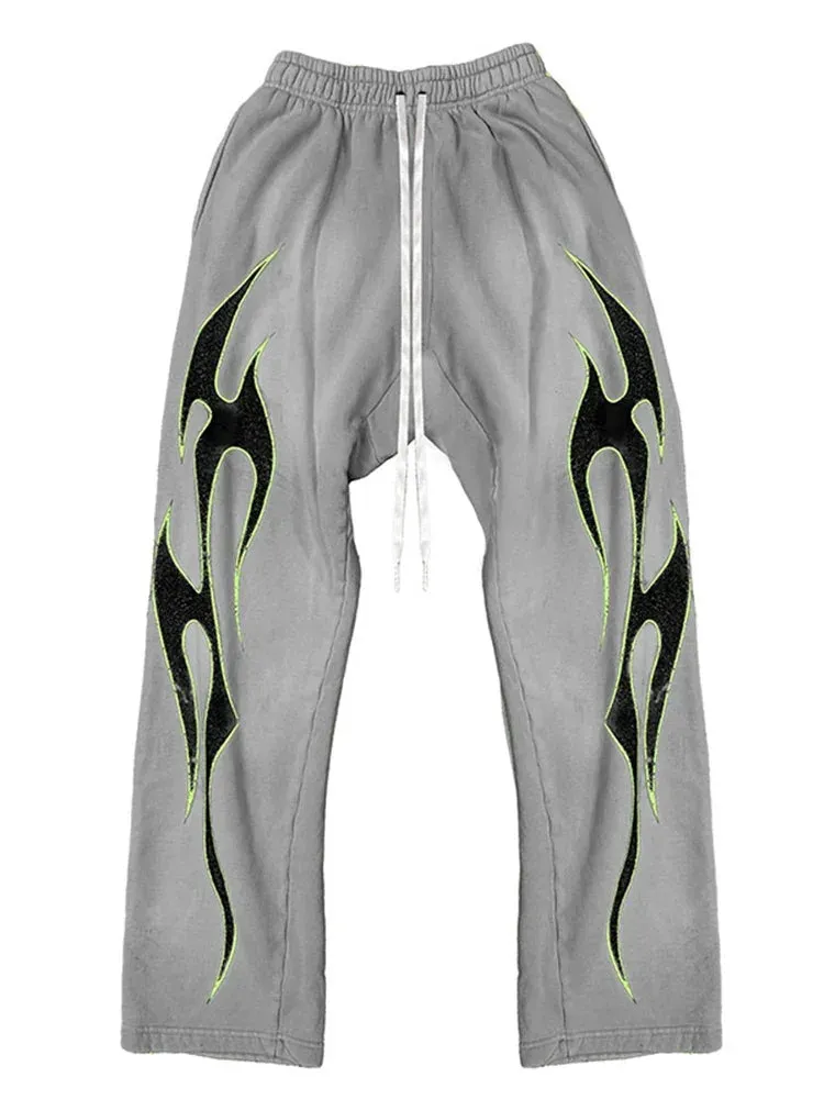 Men's & Women's 2-Piece Flame Print Hoodie and Drawstring Sports Pants Set – Trendy American-Style Hip-Hop Streetwear Suit