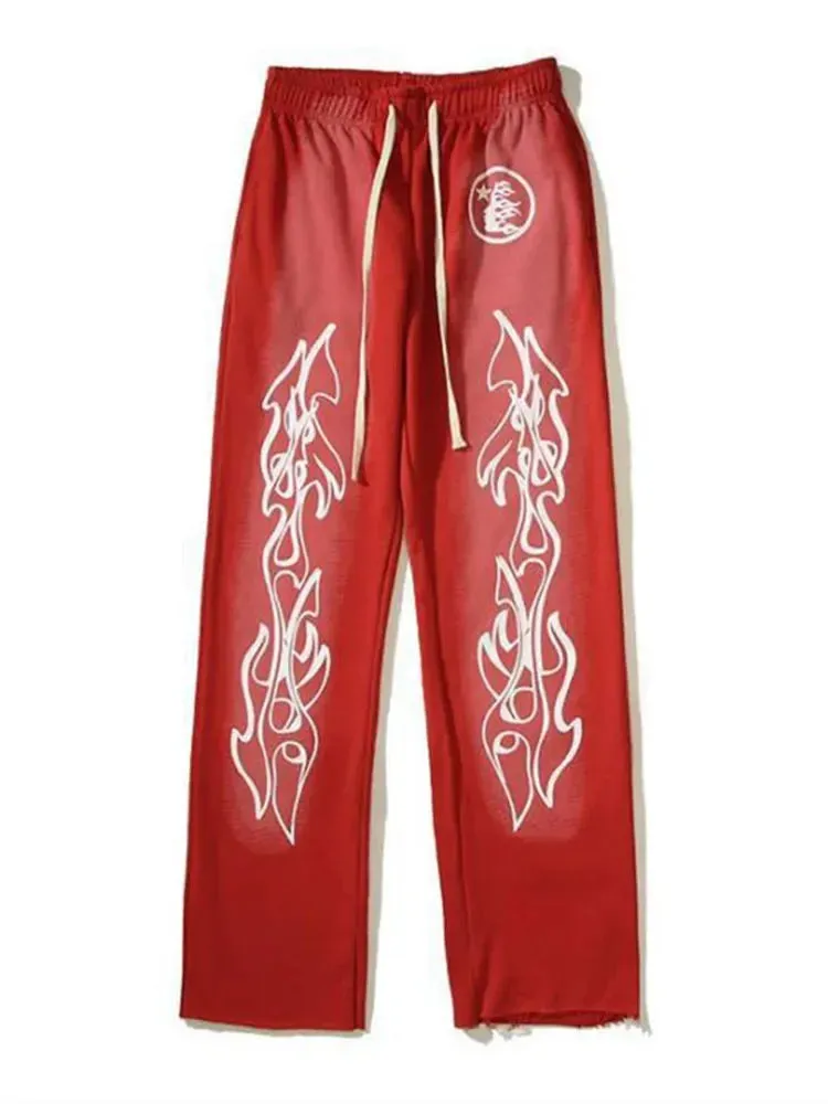Men's & Women's 2-Piece Flame Print Hoodie and Drawstring Sports Pants Set – Trendy American-Style Hip-Hop Streetwear Suit