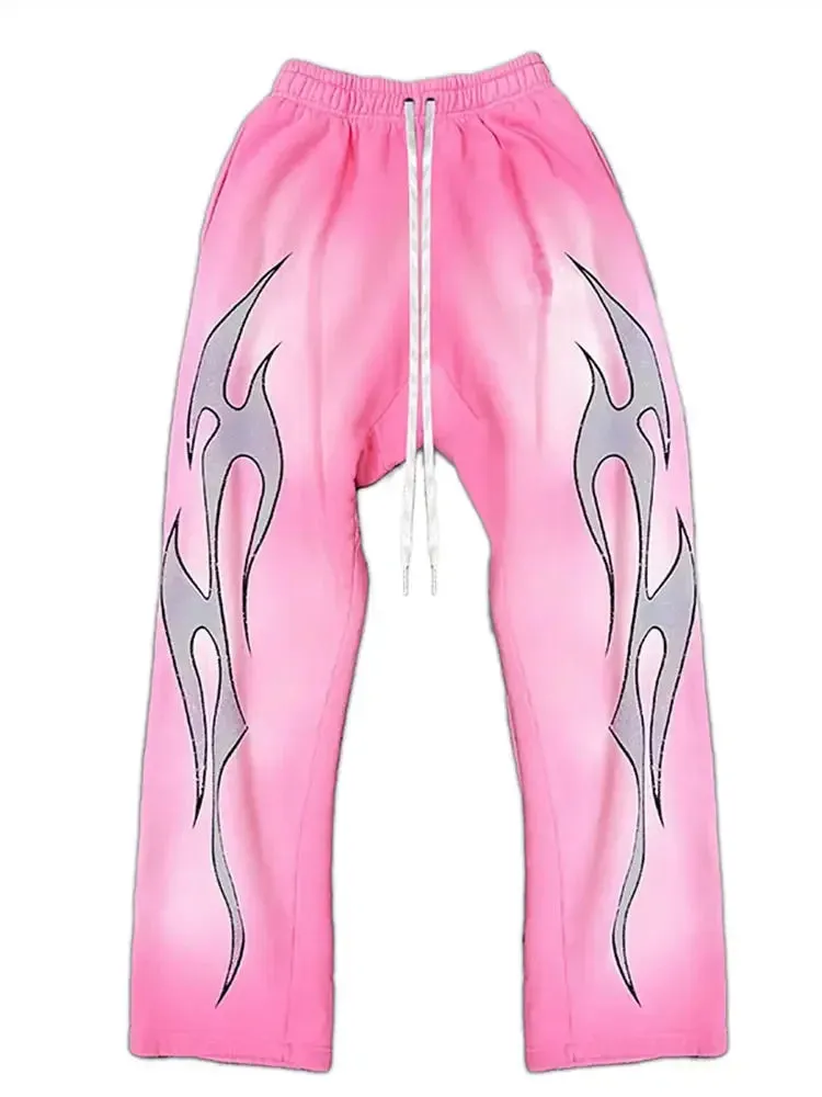 Men's & Women's 2-Piece Flame Print Hoodie and Drawstring Sports Pants Set – Trendy American-Style Hip-Hop Streetwear Suit