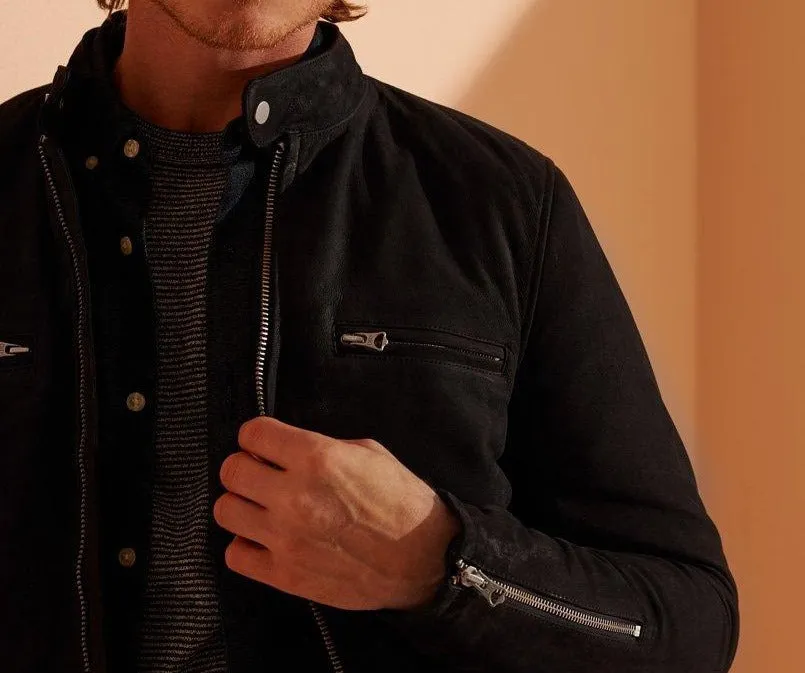 Men's Black Racer Nubuck Leather Jacket