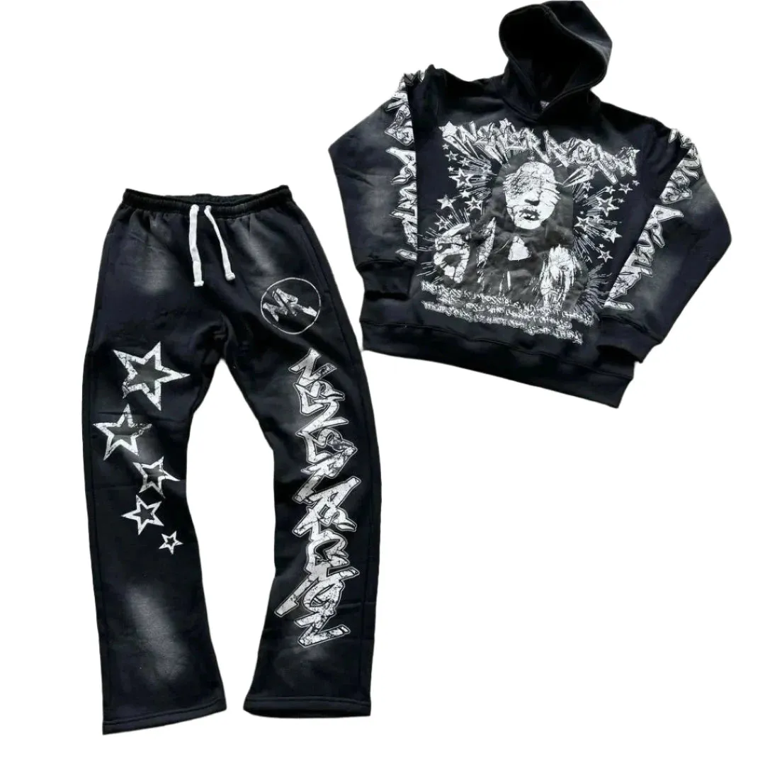 Men's Printed  Sweatshirt and Sweatpants Tracksuit – High Street Casual Loose-Fit Jacket and Pants Set for Couples
