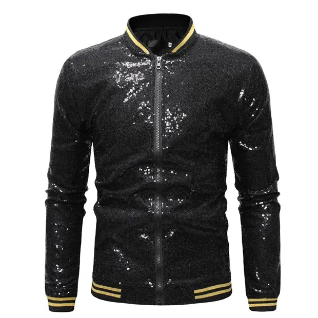 Men’s Purple Sequin Bomber Jacket – Zip-Up Sparkle Baseball Coat for Parties