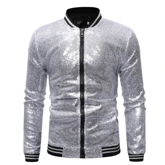 Men’s Purple Sequin Bomber Jacket – Zip-Up Sparkle Baseball Coat for Parties