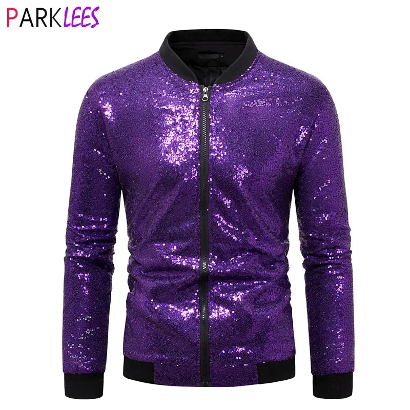 Men’s Purple Sequin Bomber Jacket – Zip-Up Sparkle Baseball Coat for Parties