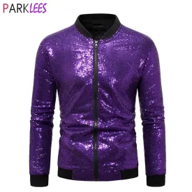 Men’s Purple Sequin Bomber Jacket – Zip-Up Sparkle Baseball Coat for Parties