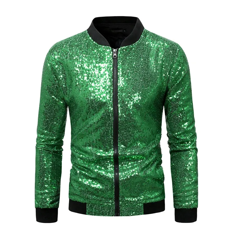 Men’s Purple Sequin Bomber Jacket – Zip-Up Sparkle Baseball Coat for Parties