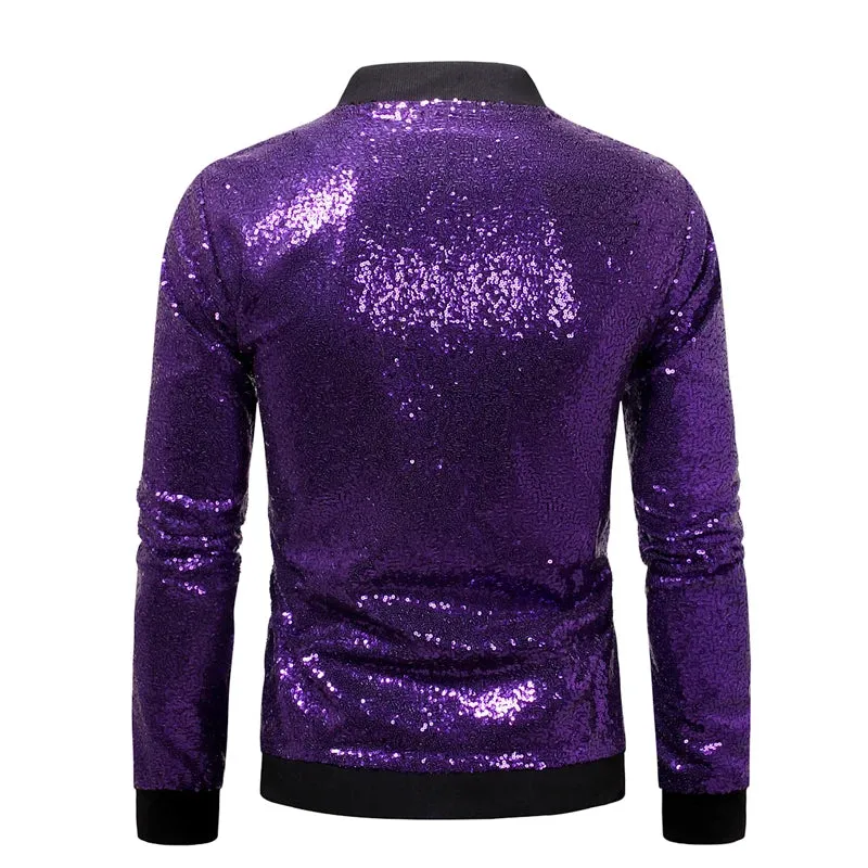Men’s Purple Sequin Bomber Jacket – Zip-Up Sparkle Baseball Coat for Parties