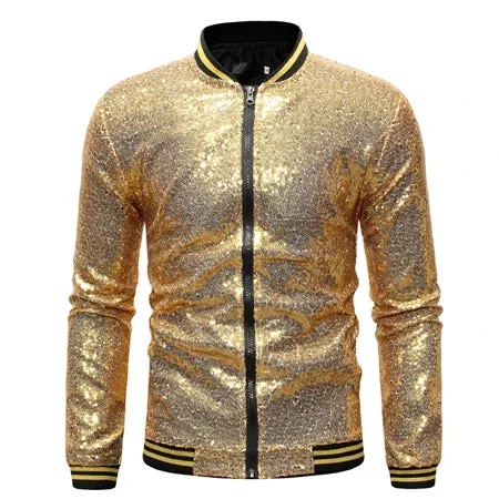 Men’s Purple Sequin Bomber Jacket – Zip-Up Sparkle Baseball Coat for Parties