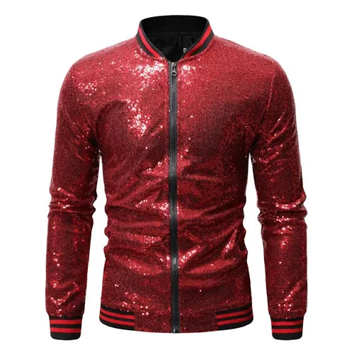Men’s Purple Sequin Bomber Jacket – Zip-Up Sparkle Baseball Coat for Parties