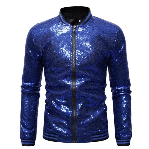 Men’s Purple Sequin Bomber Jacket – Zip-Up Sparkle Baseball Coat for Parties