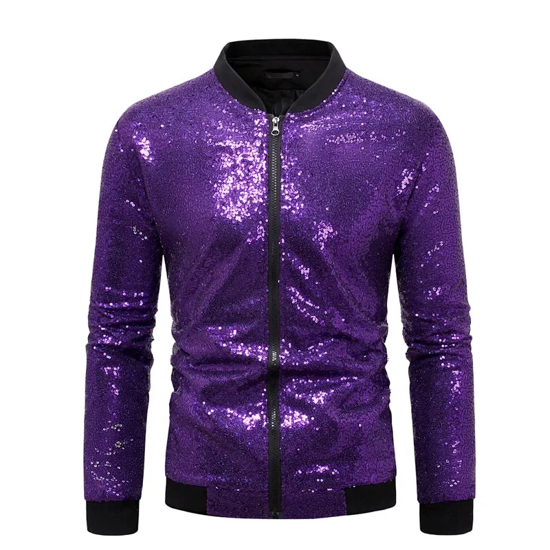 Men’s Purple Sequin Bomber Jacket – Zip-Up Sparkle Baseball Coat for Parties