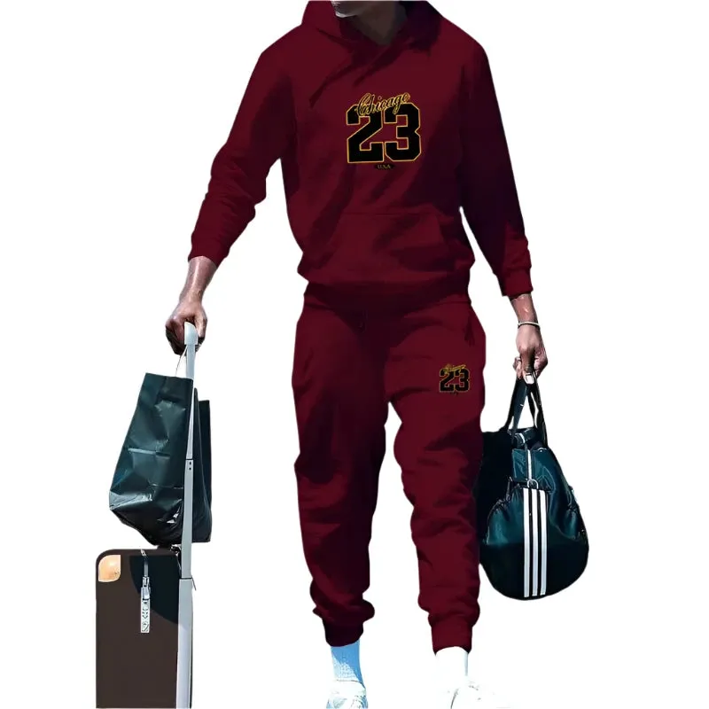Men's Solid Color Hooded Pullover Sweatshirt & Sweatpants 2-Piece Set – Casual Autumn/Winter Sportswear