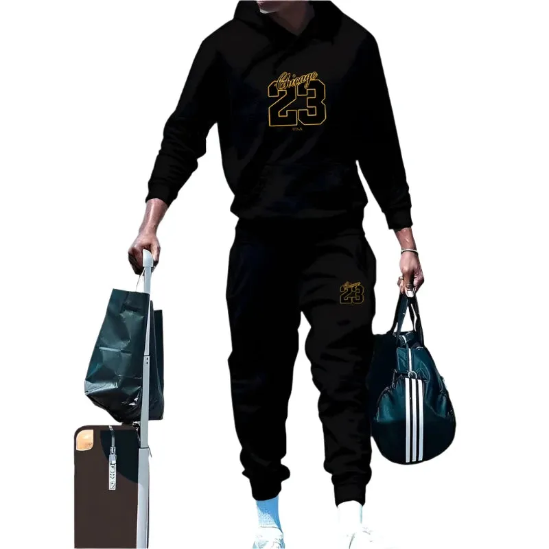 Men's Solid Color Hooded Pullover Sweatshirt & Sweatpants 2-Piece Set – Casual Autumn/Winter Sportswear