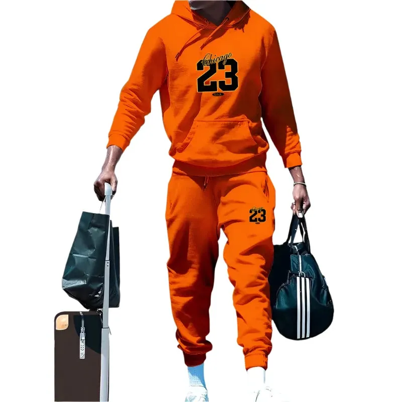 Men's Solid Color Hooded Pullover Sweatshirt & Sweatpants 2-Piece Set – Casual Autumn/Winter Sportswear