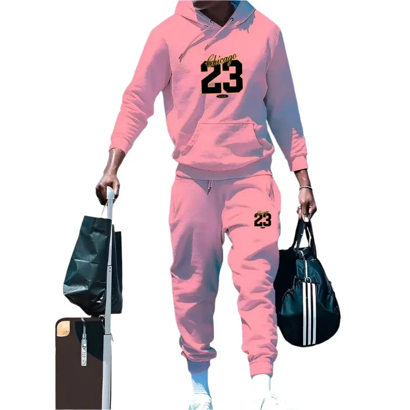 Men's Solid Color Hooded Pullover Sweatshirt & Sweatpants 2-Piece Set – Casual Autumn/Winter Sportswear