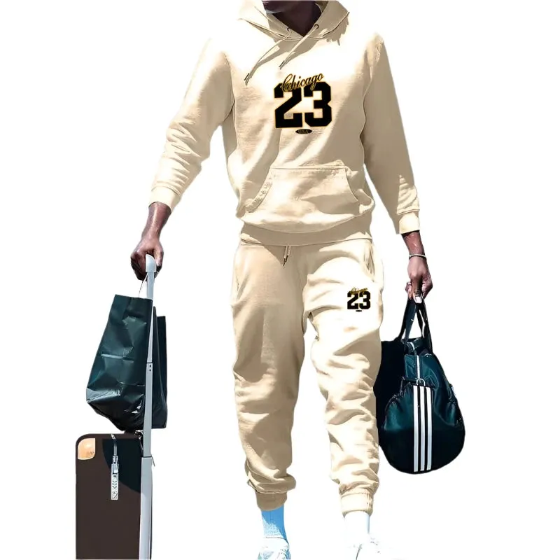 Men's Solid Color Hooded Pullover Sweatshirt & Sweatpants 2-Piece Set – Casual Autumn/Winter Sportswear
