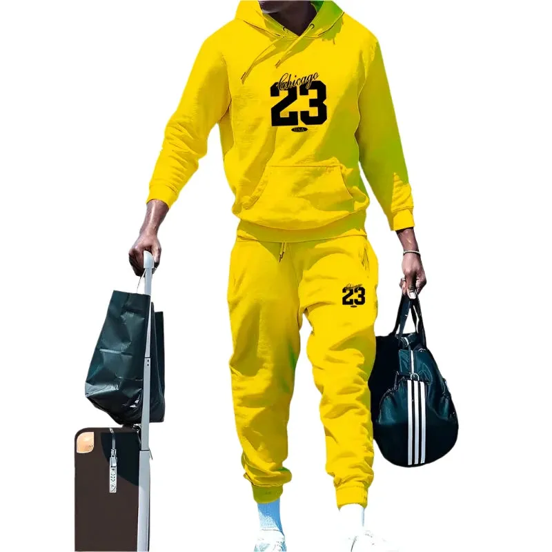 Men's Solid Color Hooded Pullover Sweatshirt & Sweatpants 2-Piece Set – Casual Autumn/Winter Sportswear