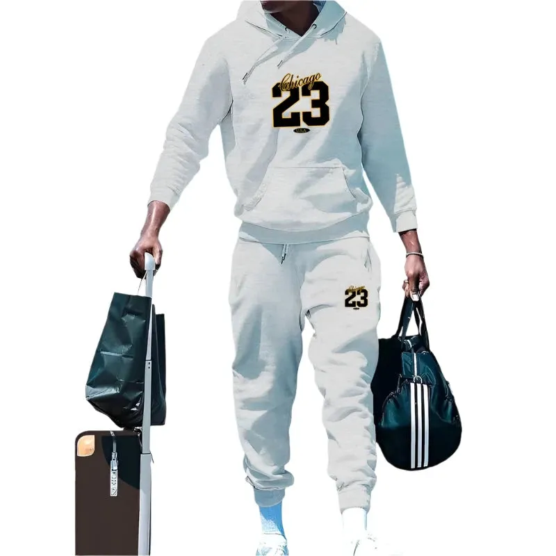 Men's Solid Color Hooded Pullover Sweatshirt & Sweatpants 2-Piece Set – Casual Autumn/Winter Sportswear