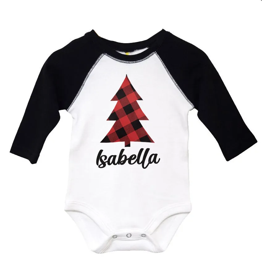 Personalized Plaid Christmas Tree Long Sleeve Raglan Jumper