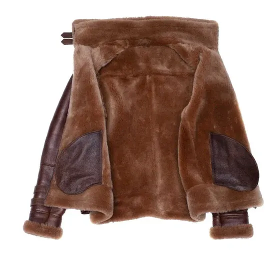 Phan's Brown Aviator bomber shearling jacket with a waist belt By TJS