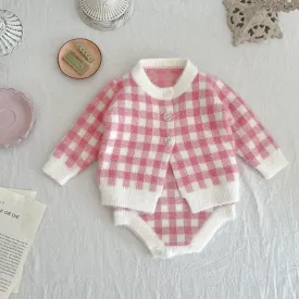 Pink Checked Knitted Romper & Sweater