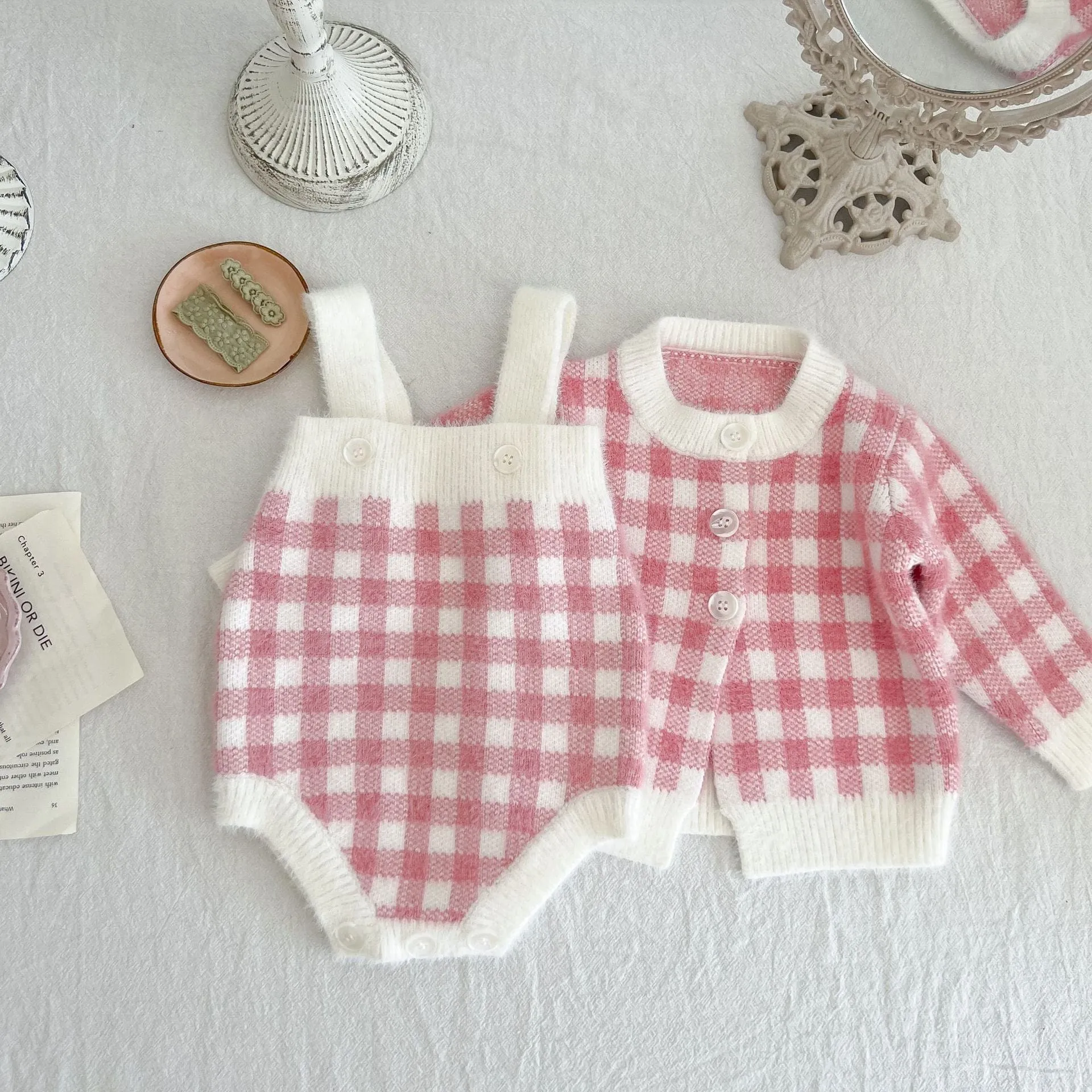 Pink Checked Knitted Romper & Sweater