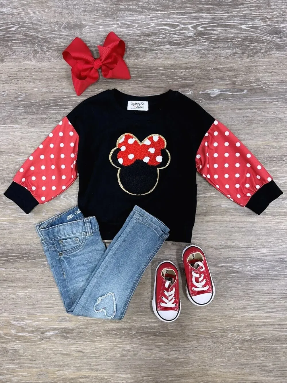 Polka Dot Bow Mouse Girls Toddler Red & Black Chenille Patch Pullover Long Sleeve Top