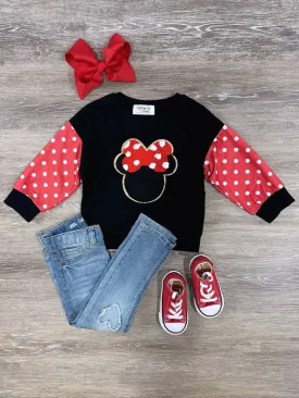 Polka Dot Bow Mouse Girls Toddler Red & Black Chenille Patch Pullover Long Sleeve Top