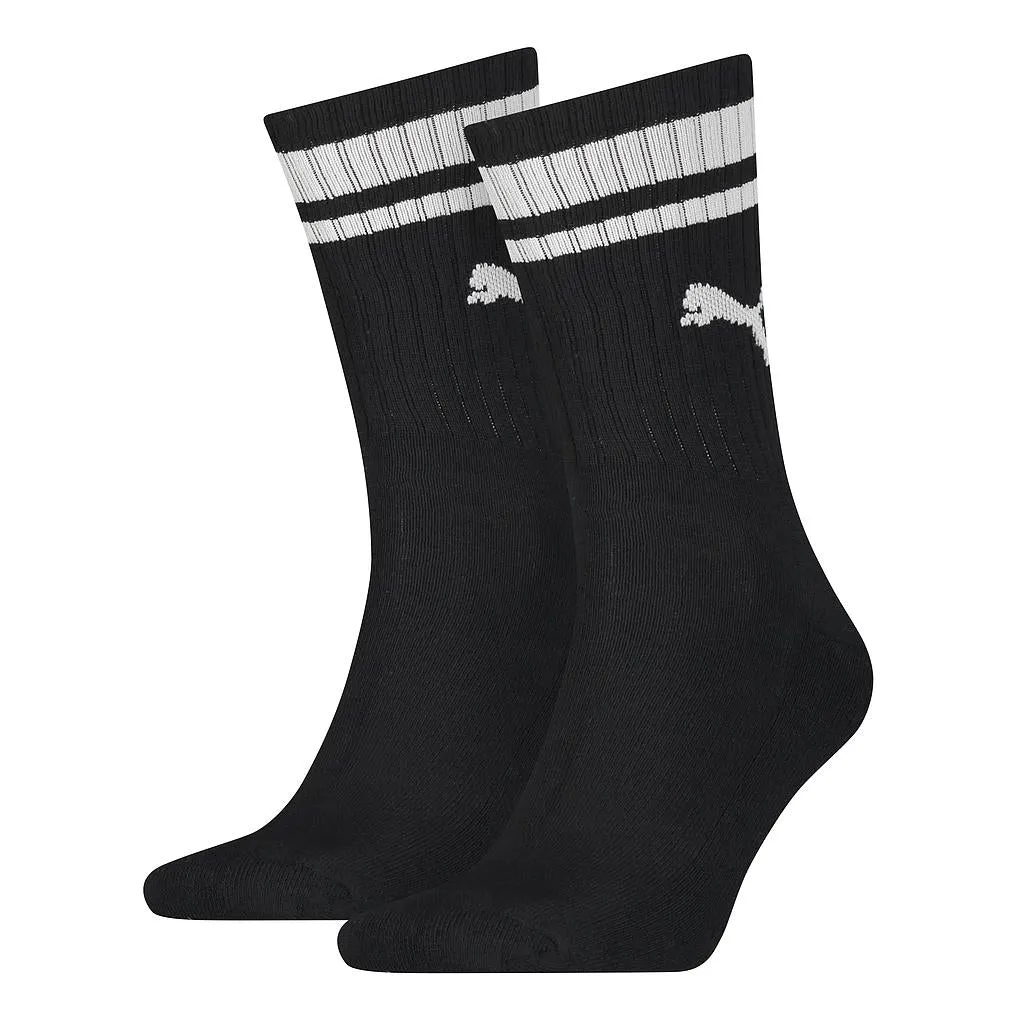 Puma 2 Pack Crew Heritage Stripe Socks - Adult - Black/White