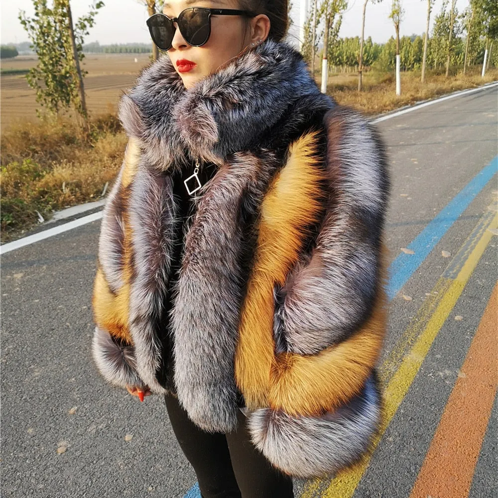 Real Natural Fox Fur Jacket Women Luxury Genuine Silver Fox Short Coat Full Sleeves Winter Plush Red Fox Fur Coat Female
