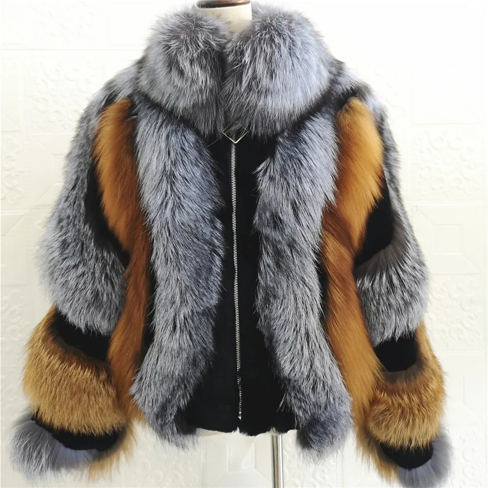 Real Natural Fox Fur Jacket Women Luxury Genuine Silver Fox Short Coat Full Sleeves Winter Plush Red Fox Fur Coat Female