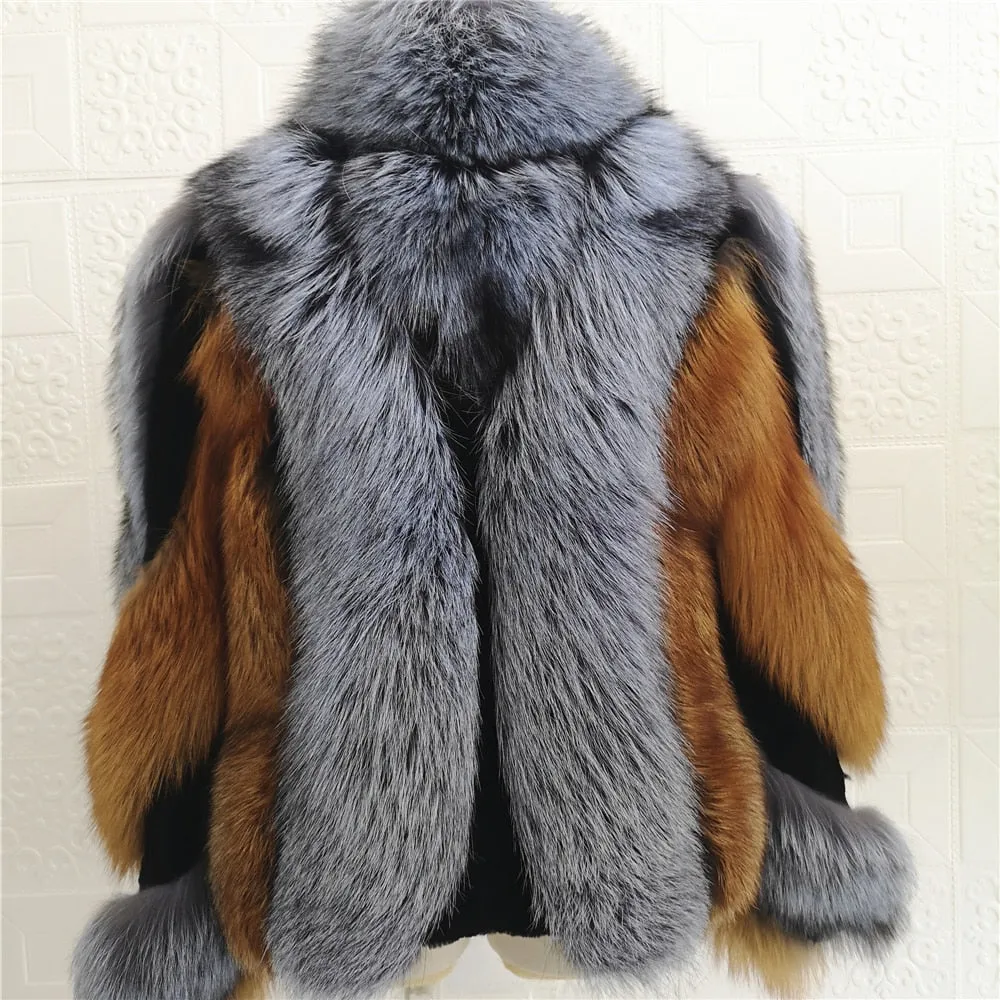 Real Natural Fox Fur Jacket Women Luxury Genuine Silver Fox Short Coat Full Sleeves Winter Plush Red Fox Fur Coat Female