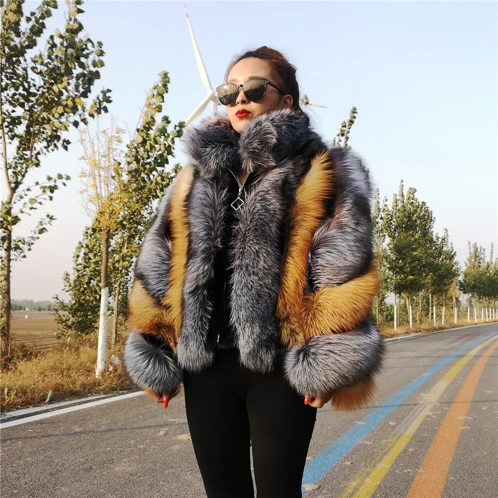 Real Natural Fox Fur Jacket Women Luxury Genuine Silver Fox Short Coat Full Sleeves Winter Plush Red Fox Fur Coat Female