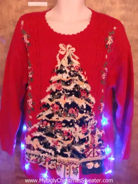 Red Light Up Ugly Xmas Sweater with Huge Festive Tree