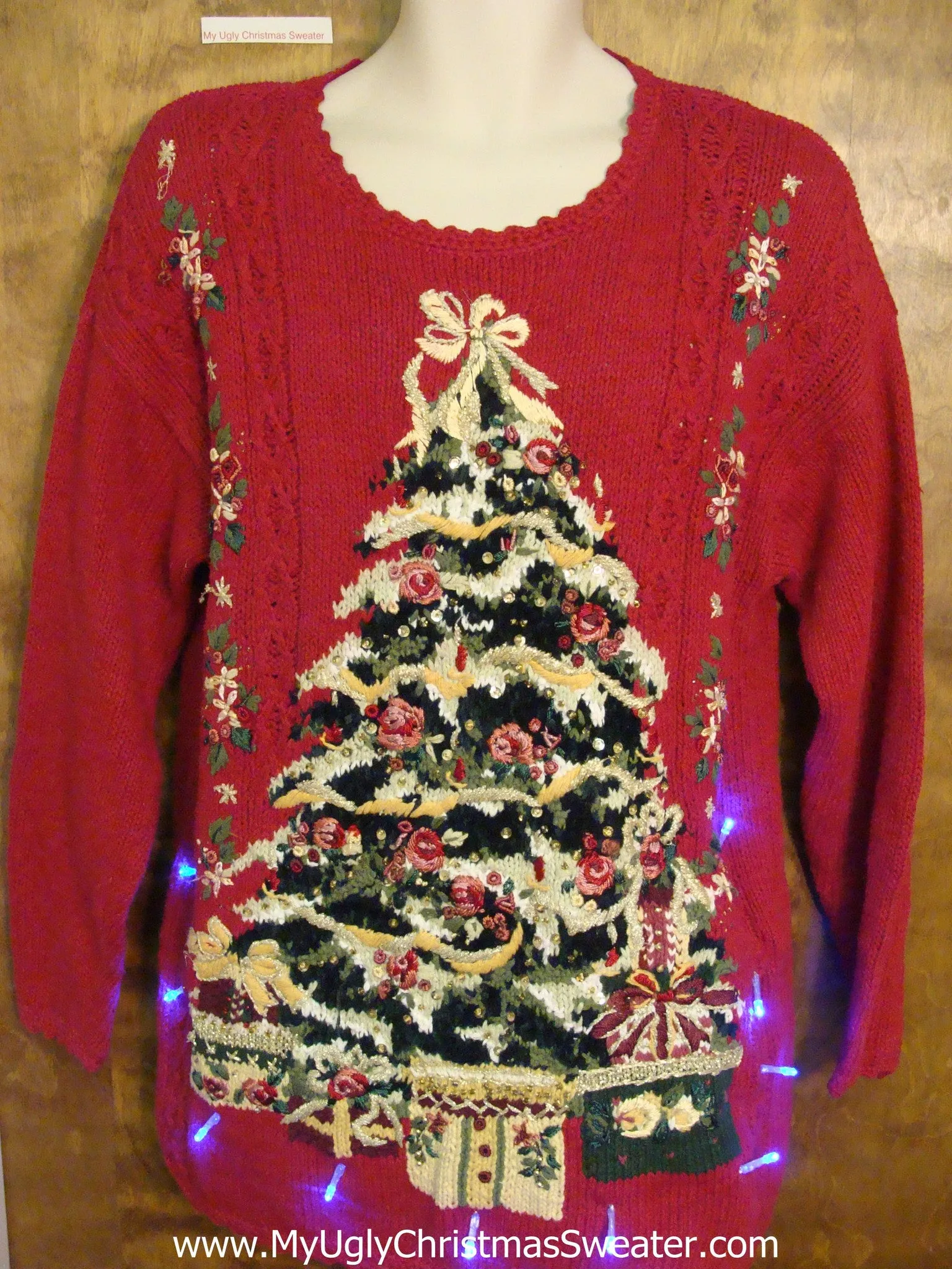 Red Light Up Ugly Xmas Sweater with Huge Festive Tree