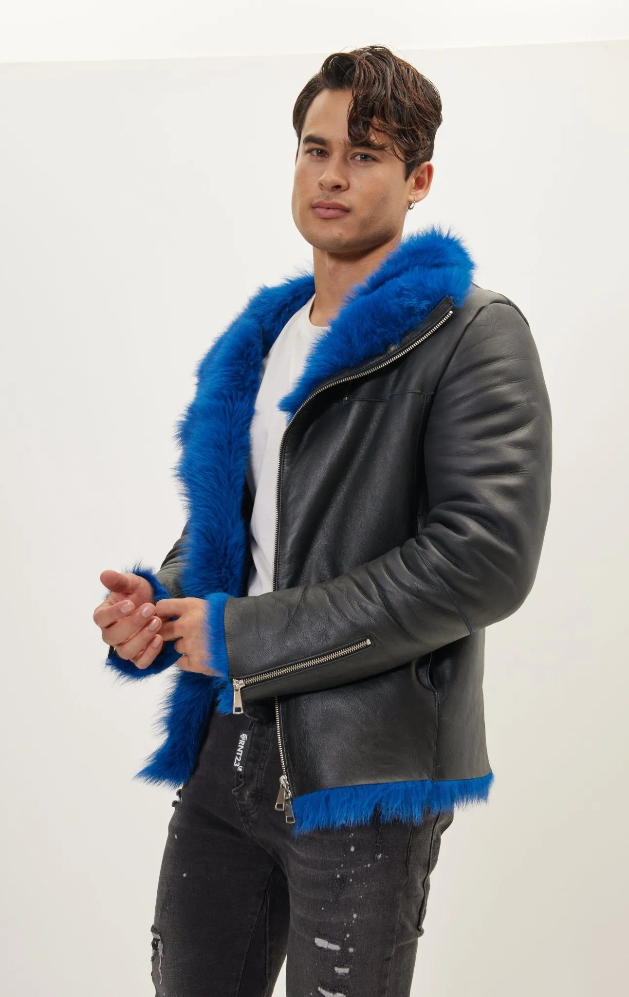 Reversible Toscana Shearling Genuine Leather Jacket - Black Navy