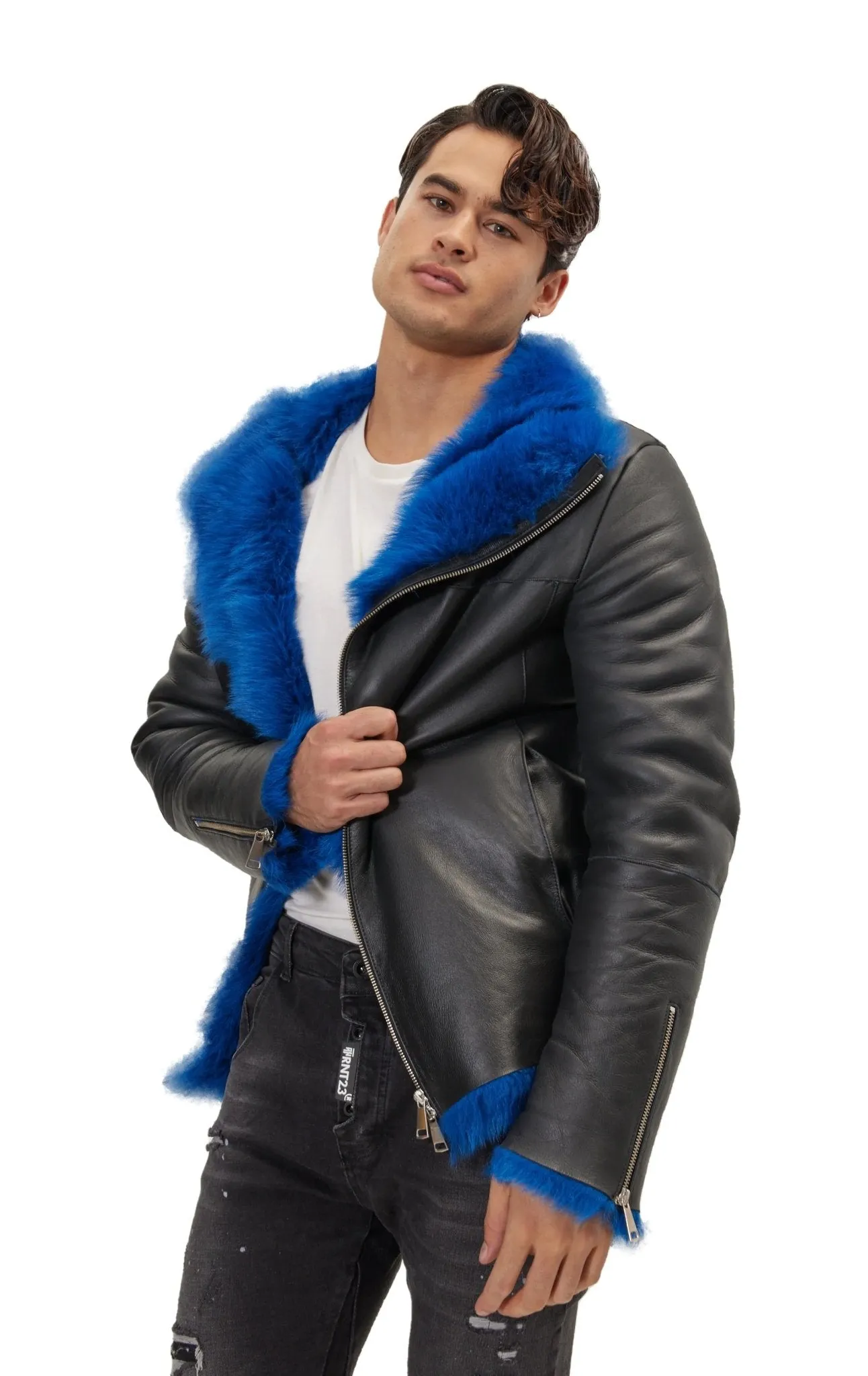 Reversible Toscana Shearling Genuine Leather Jacket - Black Navy