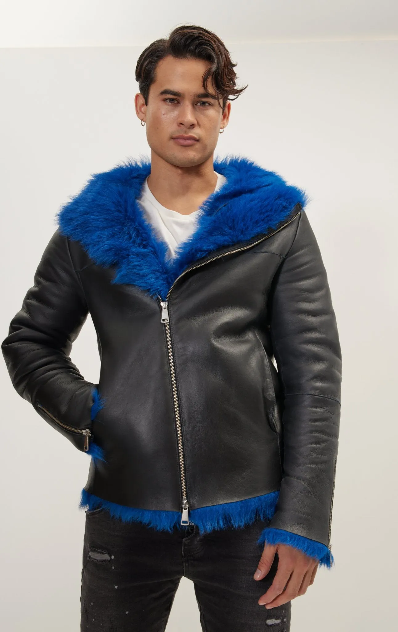 Reversible Toscana Shearling Genuine Leather Jacket - Black Navy