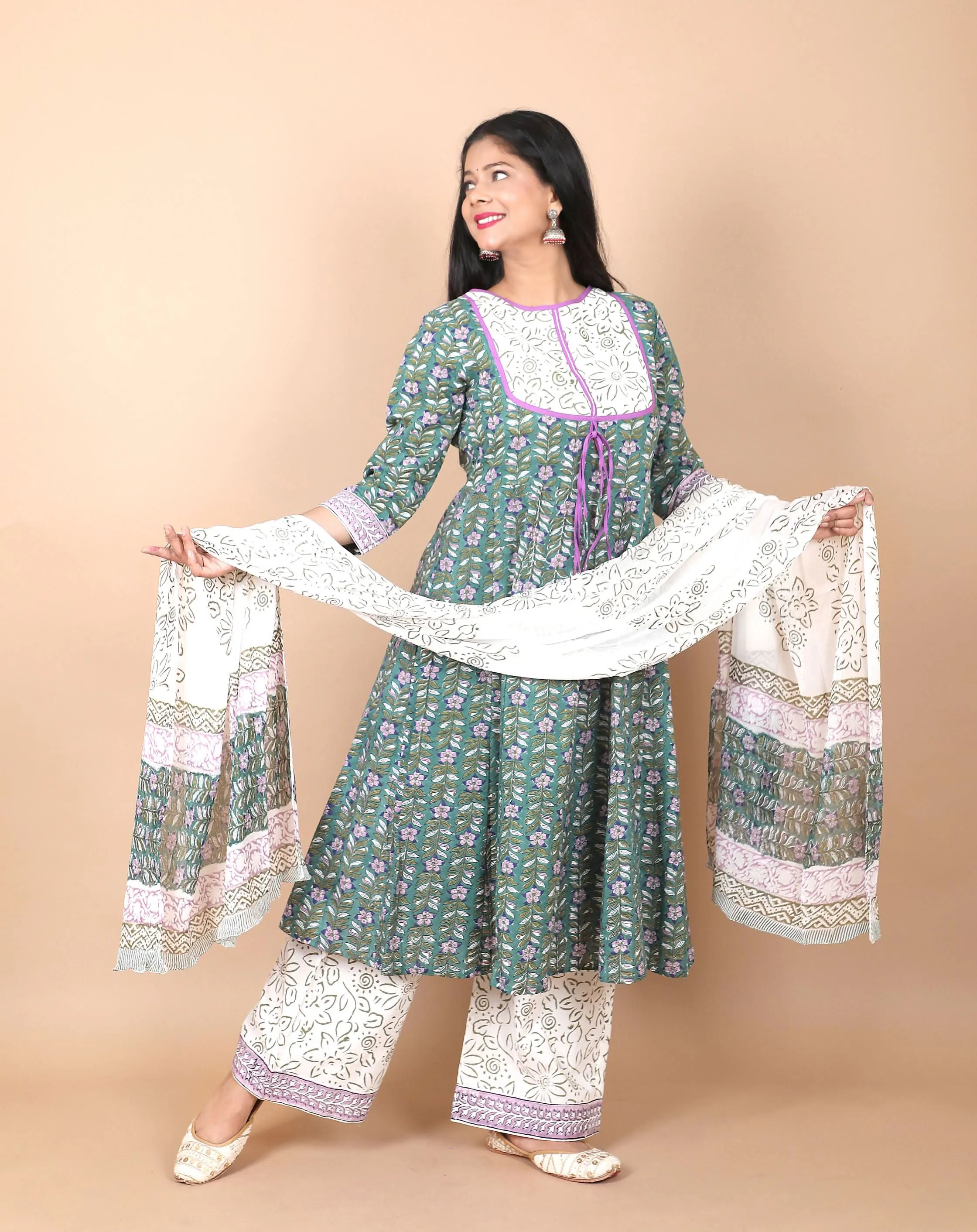 Salwar Suit - 3 PIece Amara teal green hand block printed suit with chiffon dupatta and trendy flared pants