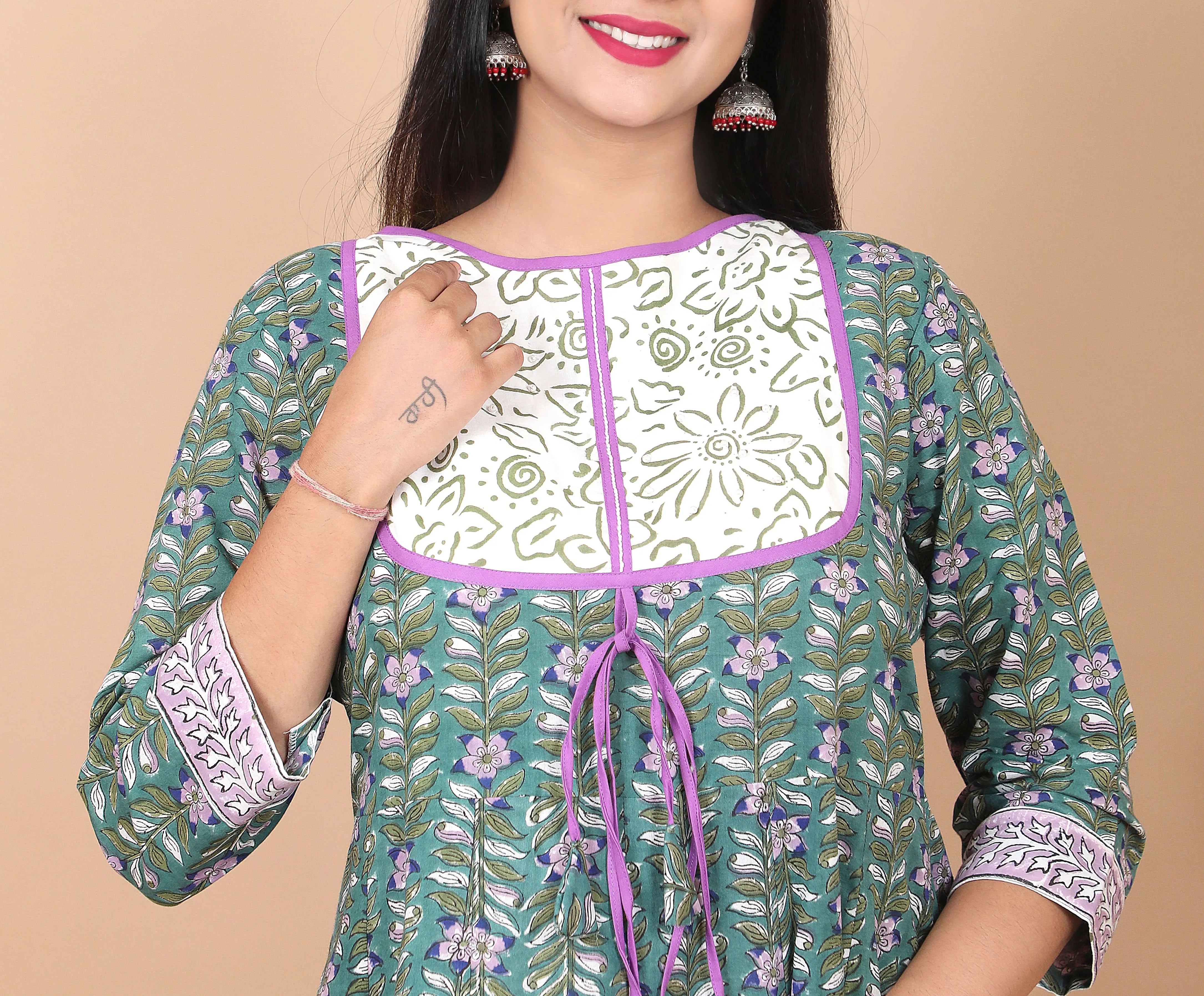Salwar Suit - 3 PIece Amara teal green hand block printed suit with chiffon dupatta and trendy flared pants