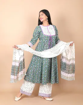 Salwar Suit - 3 PIece Amara teal green hand block printed suit with chiffon dupatta and trendy flared pants