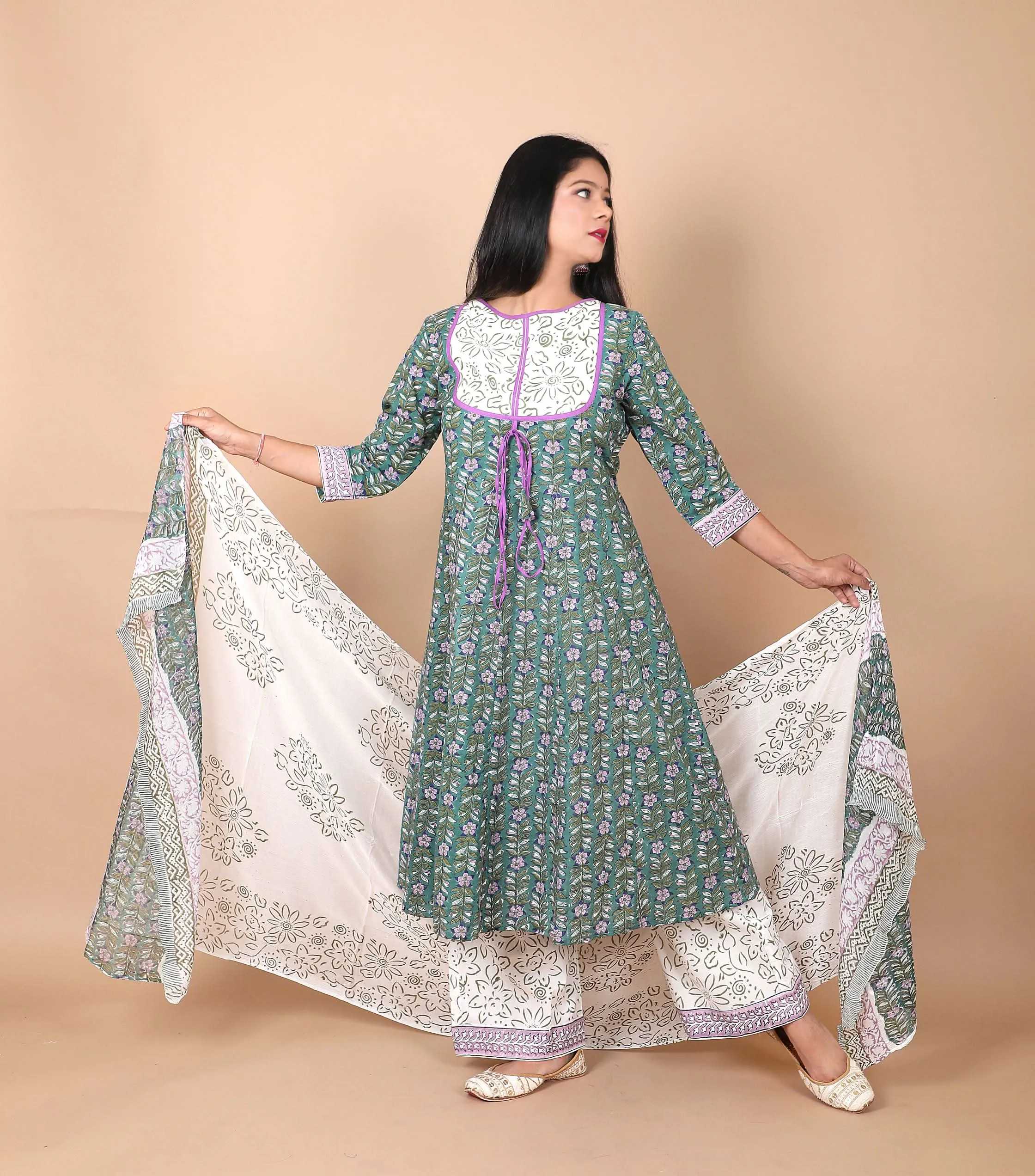 Salwar Suit - 3 PIece Amara teal green hand block printed suit with chiffon dupatta and trendy flared pants