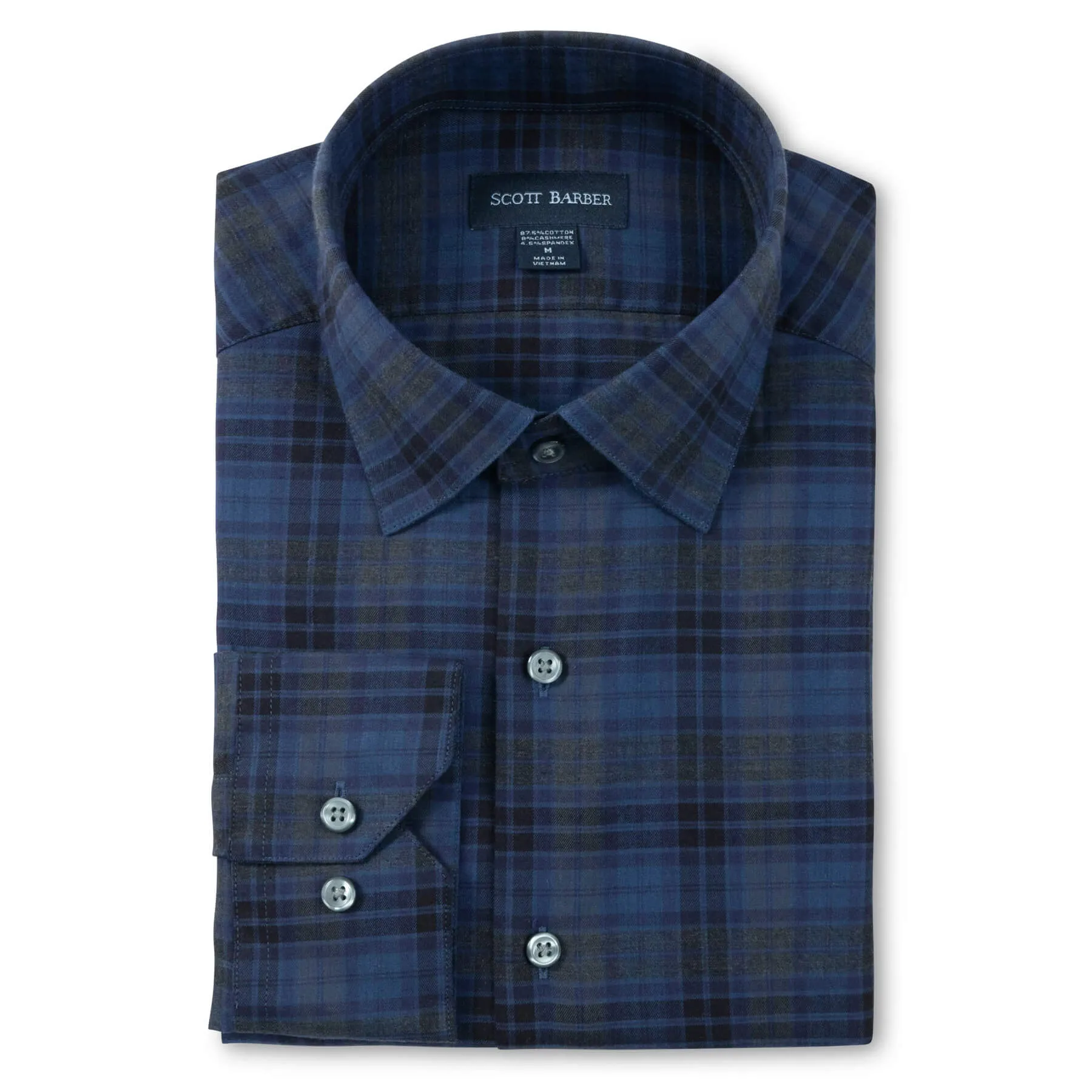 Scott Barber Stretch Cotton/Cashmere Plaid Shirt - Navy