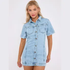 Short Sleeve Button Down Mini Denim Shirt Dress