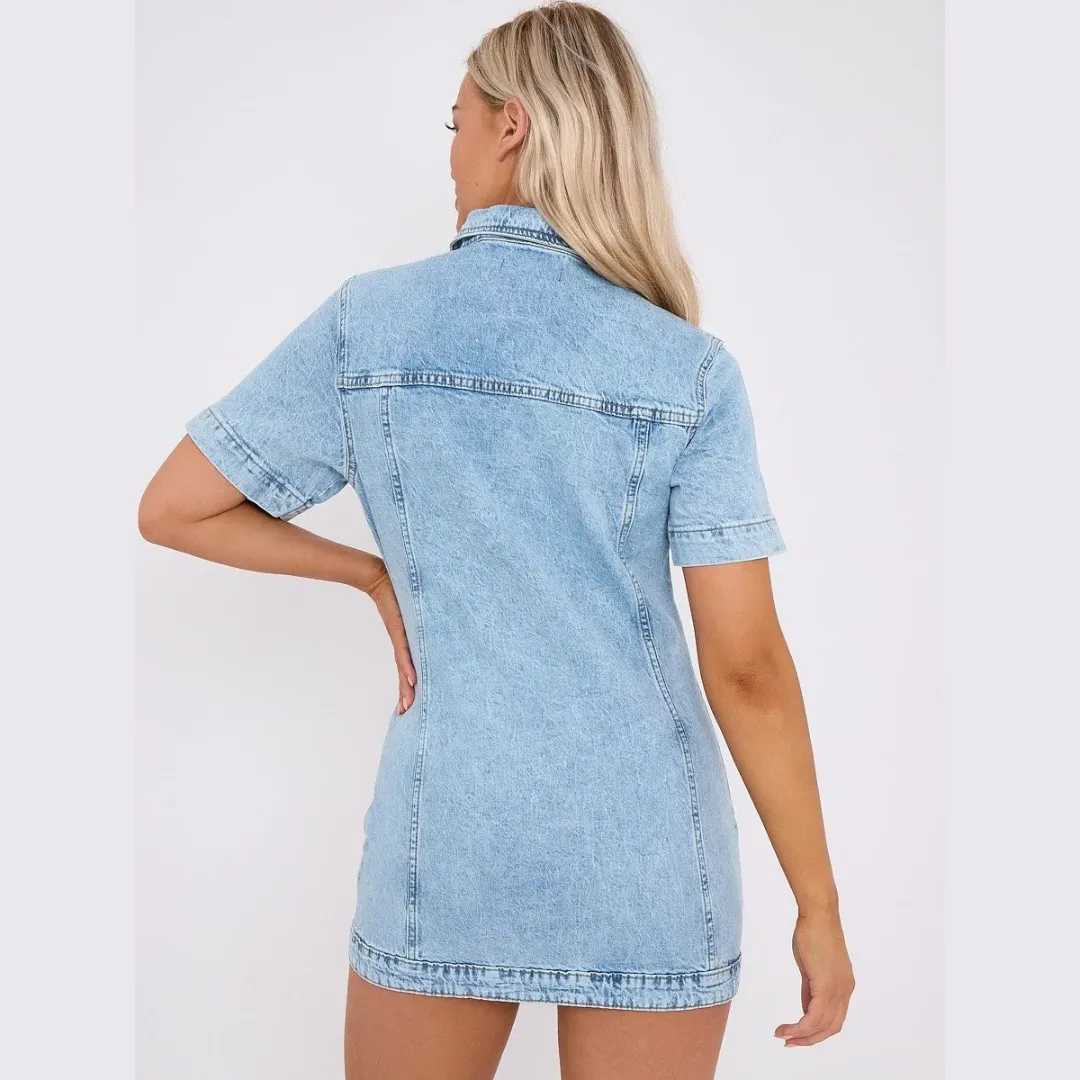 Short Sleeve Button Down Mini Denim Shirt Dress