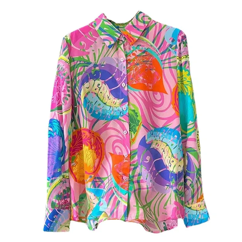 Silk Shirt Loose Satin Printed Vintage Blouses