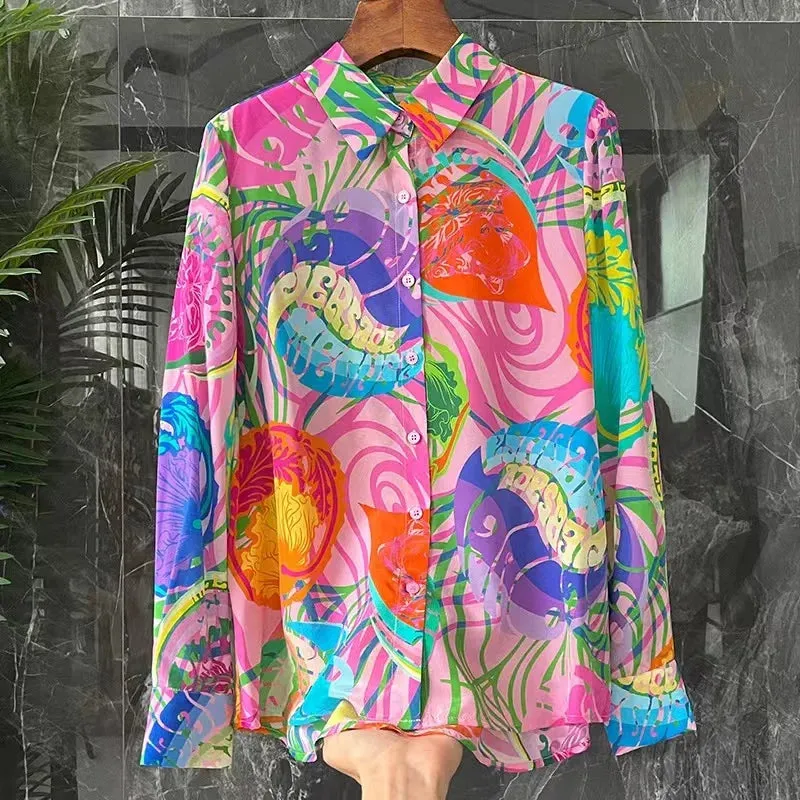 Silk Shirt Loose Satin Printed Vintage Blouses