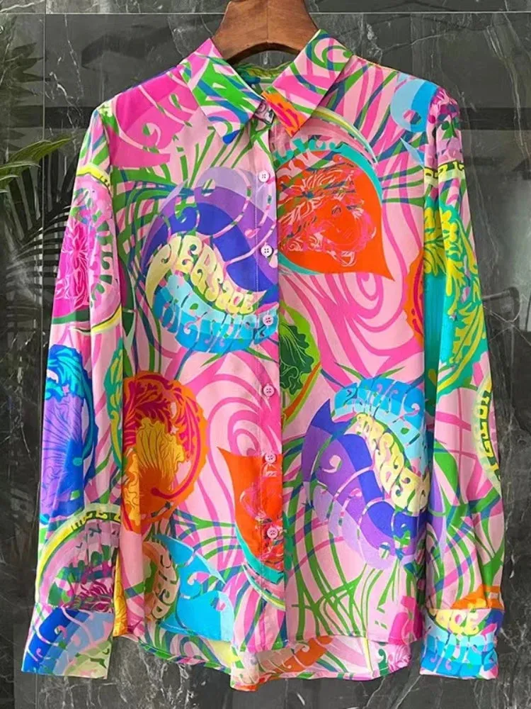 Silk Shirt Loose Satin Printed Vintage Blouses