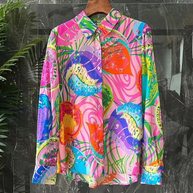 Silk Shirt Loose Satin Printed Vintage Blouses