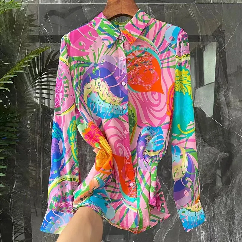 Silk Shirt Loose Satin Printed Vintage Blouses